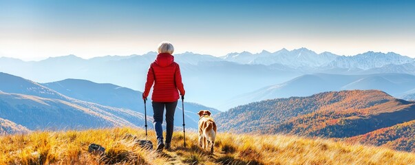 Elderly woman hiking in the mountains with her dog, adventure and companionship, active retirement