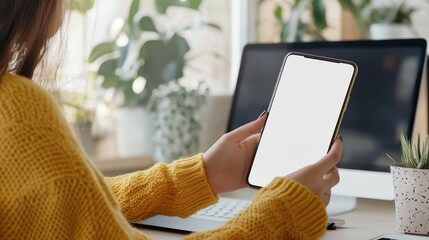 Poster - Woman presenting phone with blank white desktop screen in mockup view