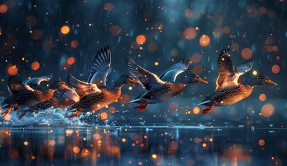 Wall Mural - A flock of flying ducks on a dark blue background with lights in the fantasy