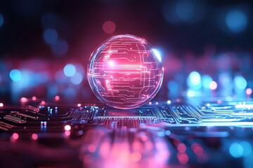 Poster - A futuristic digital sphere floating above a circuit board, illuminated by vibrant blue and red lights, showcasing advanced technology.