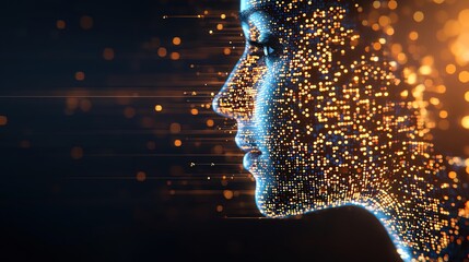 Poster - A futuristic profile of a woman composed of glowing particles, symbolizing digital transformation and innovation in technology.