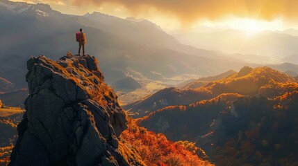 Poster - A solitary hiker overlooks a stunning mountain vista adorned with vibrant autumn colors during sunset.