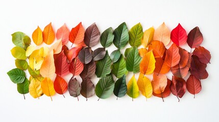 Poster - A vibrant collection of autumn leaves is displayed in a gradient of colors, showcasing varying shades of red, orange, yellow, green, and brown against a clean white backdrop.
