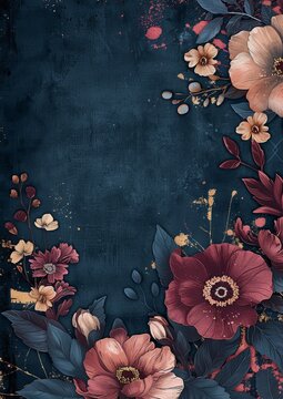 The background consists of flowers on a dark blue background. There are beautiful flowers. in golden brown pattern