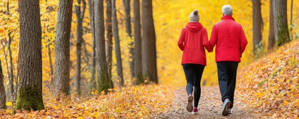 Elderly couple walking briskly on a forest trail, encouraging each other,