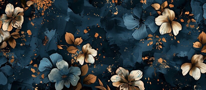 The background consists of flowers on a dark blue background. There are beautiful flowers. in golden brown pattern