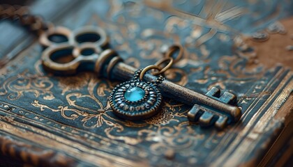 An antique key and a blue stone resting on an open book.