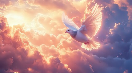 Wall Mural - peaceful dove with wings outstretched, hovering in a heavenly sky filled with soft light and etherea