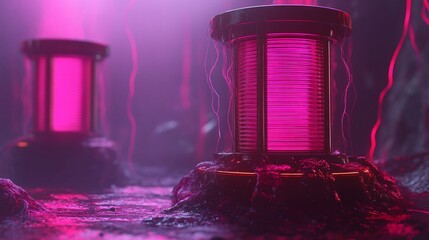 A futuristic scene featuring glowing cylindrical devices in a dark, lava-like environment.