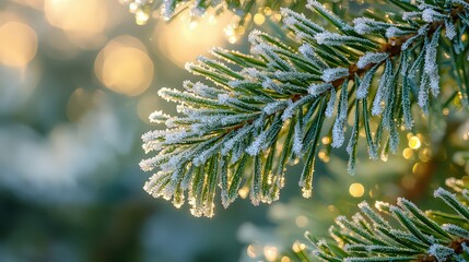  Frost-covered evergreen branches with soft golden bokeh in the background, capturing a winter scene.