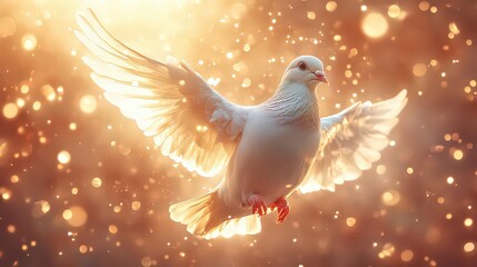 Wall Mural - dove surrounded by a halo of light, floating in a heavenly atmosphere with hints of angels and celes