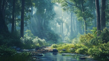 Poster - Sunbeams Filtering Through a Foggy Forest Path Along a Stream