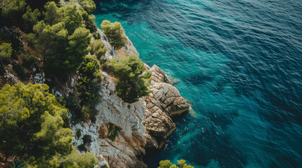 Wall Mural - Rocky bay with crystal clear blue water surrounded by a pine forest