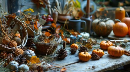 Poster - A vibrant display of pumpkins, pinecones, and autumn leaves on a wooden table evokes the spirit of fall.