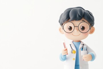 Smiling Cartoon Scientist in Lab Coat Holding Test Tube - 3D Render Illustration on White Background