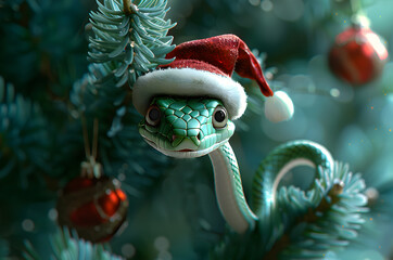 Wall Mural - background with new year decoration and snake in santa claus hat, symbol of 2025.