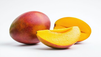 Sticker - A ripe mango, whole and sliced to reveal its juicy orange flesh, isolated on a white background, highlighting its export quality