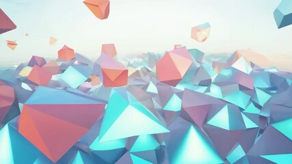 Poster - Colorful geometric shapes floating in a blue sky above abstract surface