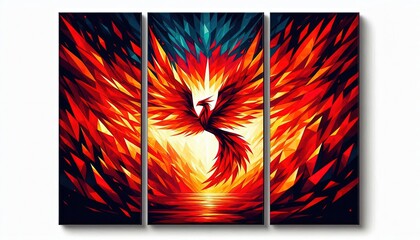 Wall Mural - HD triptych art of an abstract red burning phoenix at twilight, bold colors, geometric shapes, modern art, acrylic on canvas