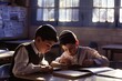 © Victor Bertrand - Two boys engrossed in their studies inside a classroom, with sunlight streaming through the windows, creating an idyllic and focused atmosphere.