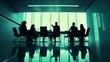 © artzone - Silhouettes of business people in a conference room meeting with a large window behind them.