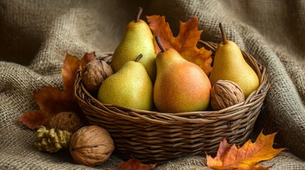 Poster - A basket filled with fresh pears and walnuts surrounded by colorful autumn leaves on a burlap surface.