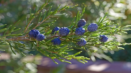 Wall Mural - A close-up of blue juniper berries on the branch