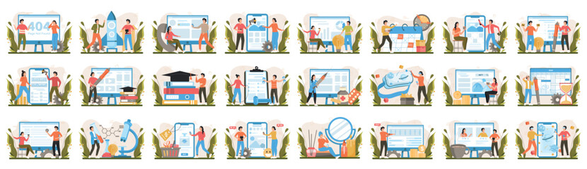 Poster - Bundle of colorful concepts with people scene in flat cartoon design. A massive collection of incredible illustrations of men and women with big items in various situations. Vector illustration.