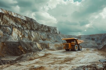 A large dump truck navigates a rocky mining site, showcasing the raw power of industrial machinery against a backdrop of steep, layered cliffs.