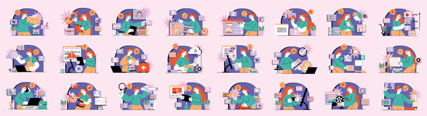 Poster - Mega set of different purple concepts with people scene in flat cartoon design. A big collection of scenes with men and women in various situations on a purple background. Vector illustration.
