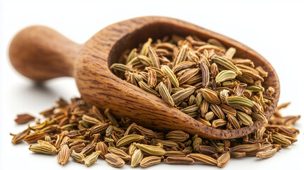 Fennel seeds in a wooden spoon on a clean white background