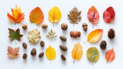 Poster - Various autumn leaves and acorns are artistically arranged on a light surface, showcasing seasonal colors and textures.