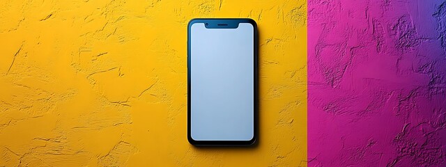  A modern smartphone with a sleek black frame and a blank white screen is displayed against a vibrant yellow background. The phone is centered and viewed from above, emphasizing its minimalist design 