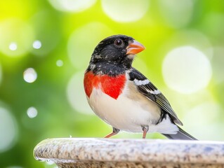 Colorful bird perched by a water dish on a bright sunny day in a lush garden