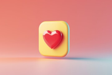 A 3D-rendered icon of a red heart on a yellow square, set against a soft gradient background, symbolizing love and affection.