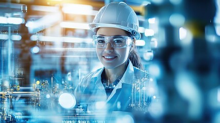 A female industrial engineer, wearing a hard hat and safety glasses, smiles at a modern factory with digital holographic equipment overlay on a light blue background.