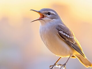 A singing bird perched on a branch at sunset in a tranquil natural setting