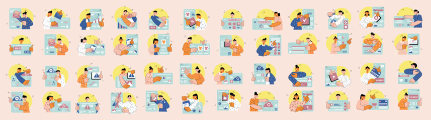 Wall Mural - Mega set of different simple concepts with people scene in flat cartoon design. The set of illustrations are done in soft colors and cover a variety of topics. Vector illustration.