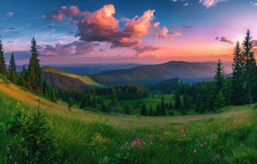 Wall Mural - Beautiful mountain landscape with a colorful sunset in the Carpathian Mountains Summer nature scene Generative AI