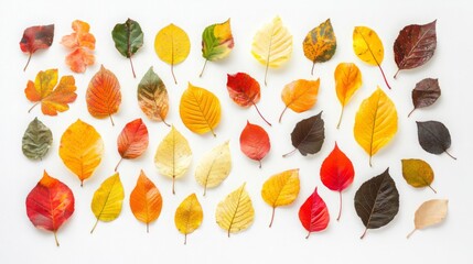 Poster - Variety of autumn leaves in vibrant shades of red, orange, yellow, and brown is neatly arranged on a white surface.