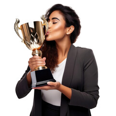 A confident woman kisses a trophy, celebrating her achievement in business or sports. Symbolizes success and victory.