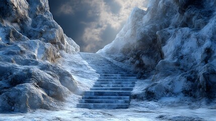 Poster - Stairs Leading to Mountain Peak Representing the Journey of Success with a Guiding Light Illuminating the Path Towards Achieving Goals and Overcoming Challenges