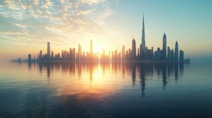 Dubai Skyline at Sunset with Water Reflection