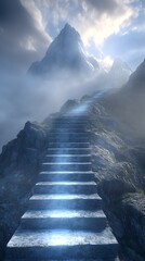 Poster - A 3D rendered image depicting stairs leading up a majestic mountain peak symbolizing the journey towards success and achievement  A guiding light illuminates the path offering a sense of direction and