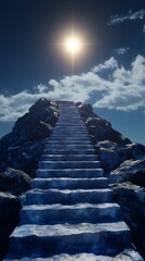 Poster - A 3D rendered image of a staircase leading up a majestic mountain peak symbolizing the journey to success and the guiding light that inspires us to reach new heights