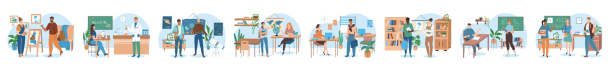 Poster - Mega set of school concepts with people scene in flat cartoon design. A large collection of bright illustrations depicting school situations with boys and girls. Vector illustration.