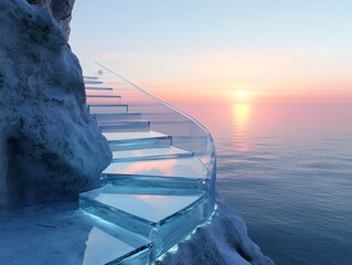 Poster - Dramatic 3D rendering of glass stairs leading up an ocean cliff with the first light of dawn illuminating the tranquil scene symbolizing the path to success and personal growth