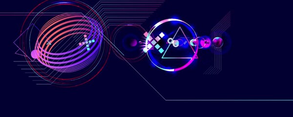 Wall Mural - Dark retro futuristic art neon abstraction background cosmos new art 3d starry sky glowing galaxy and planets blue circles