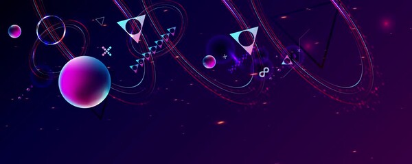 Wall Mural - Dark retro futuristic art neon abstraction background cosmos new art 3d starry sky glowing galaxy and planets blue circles