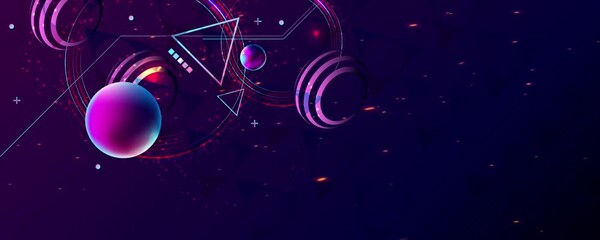 Wall Mural - Dark retro futuristic art neon abstraction background cosmos new art 3d starry sky glowing galaxy and planets blue circles